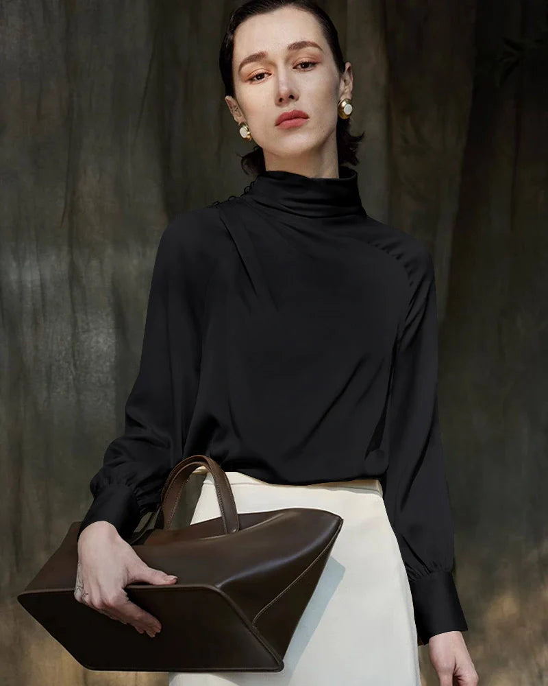 Pleated Mock Neck Silk Long Sleeve Blouse