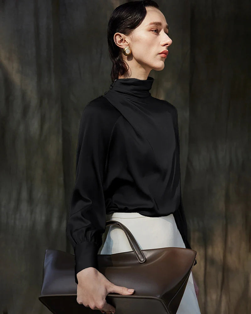 Pleated Mock Neck Silk Long Sleeve Blouse