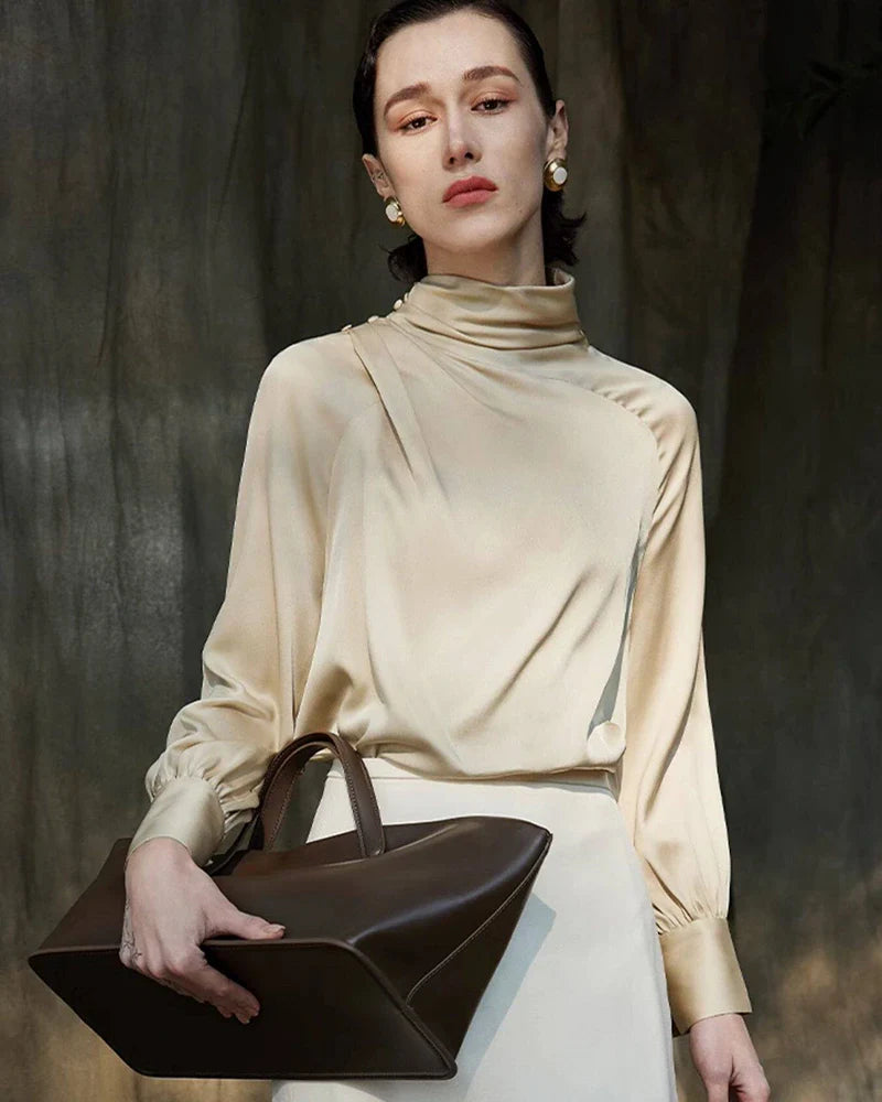 Pleated Mock Neck Silk Long Sleeve Blouse
