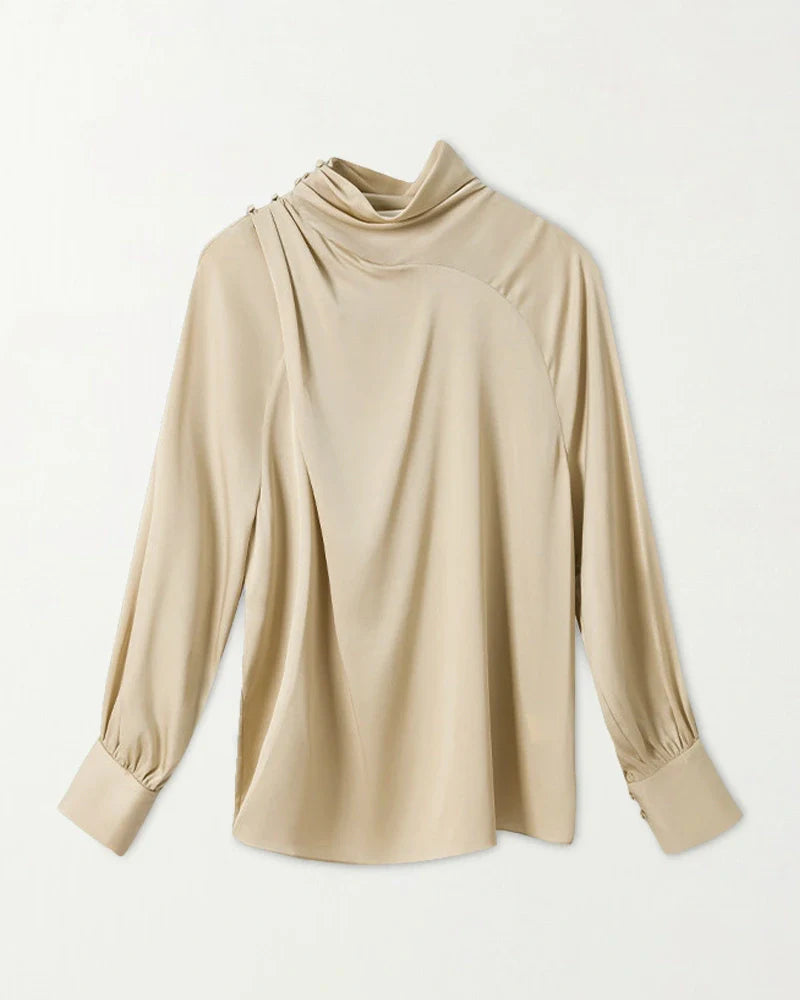 Pleated Mock Neck Silk Long Sleeve Blouse