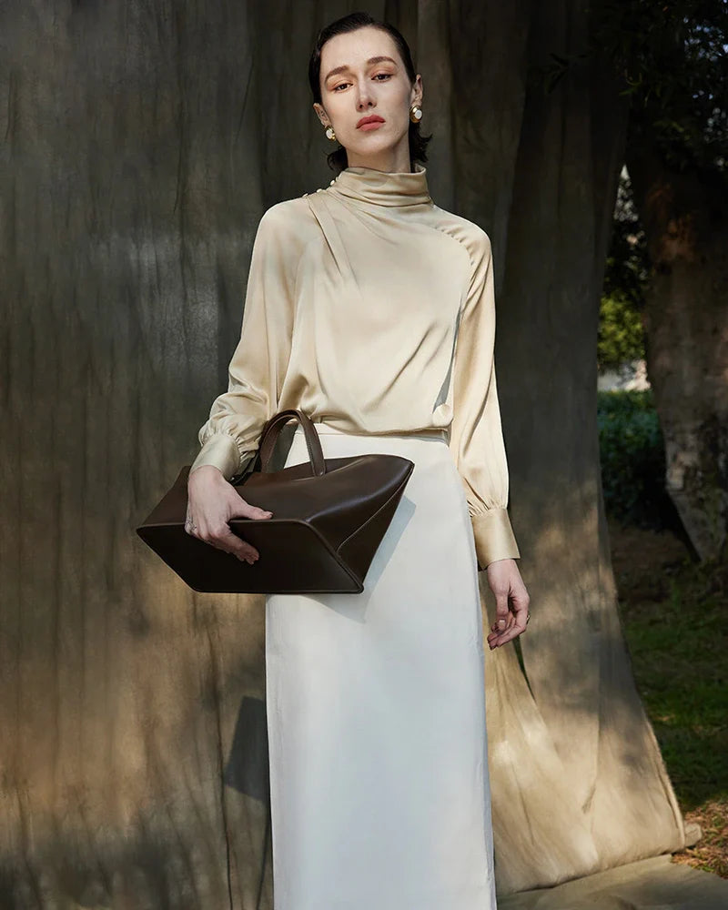 Pleated Mock Neck Silk Long Sleeve Blouse