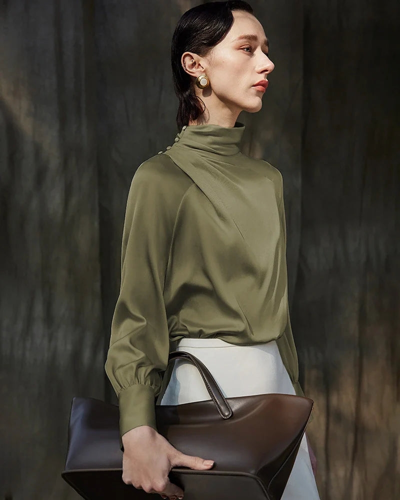 Pleated Mock Neck Silk Long Sleeve Blouse