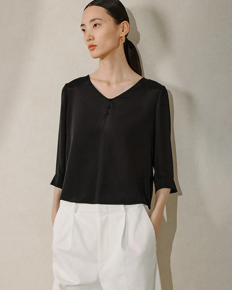22 Momme V Neck Silk Blouse with 3/4 Sleeve