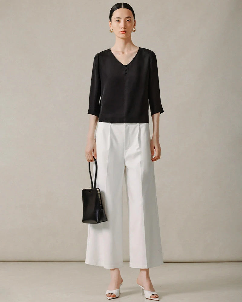 22 Momme V Neck Silk Blouse with 3/4 Sleeve
