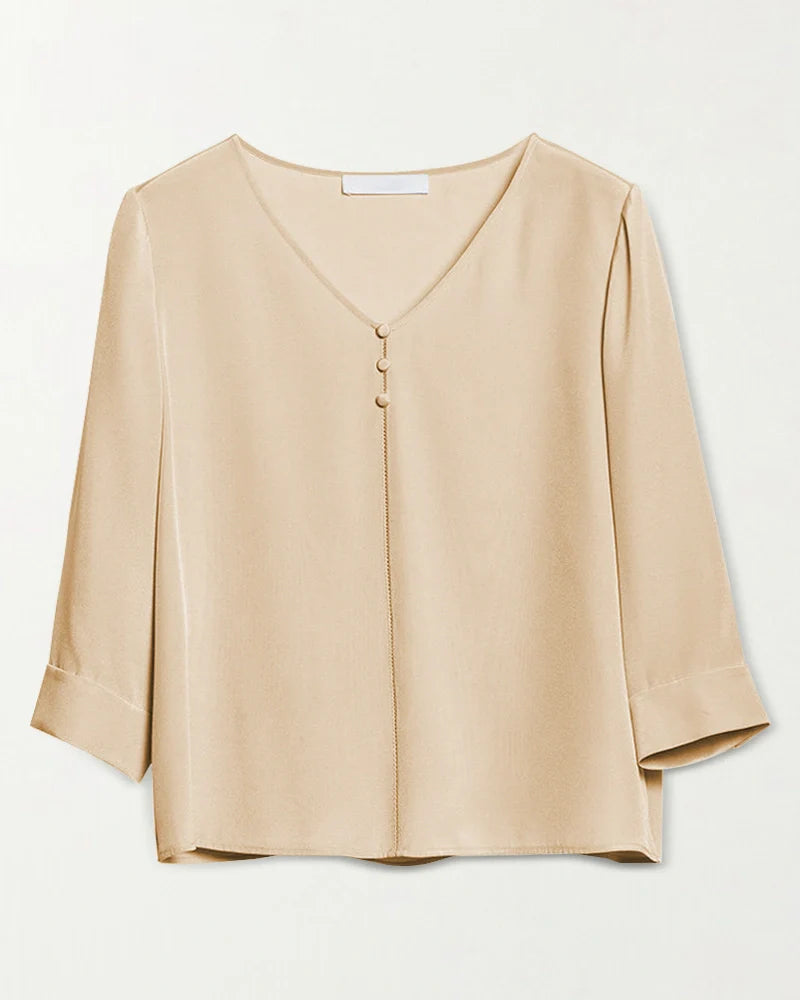 22 Momme V Neck Silk Blouse with 3/4 Sleeve