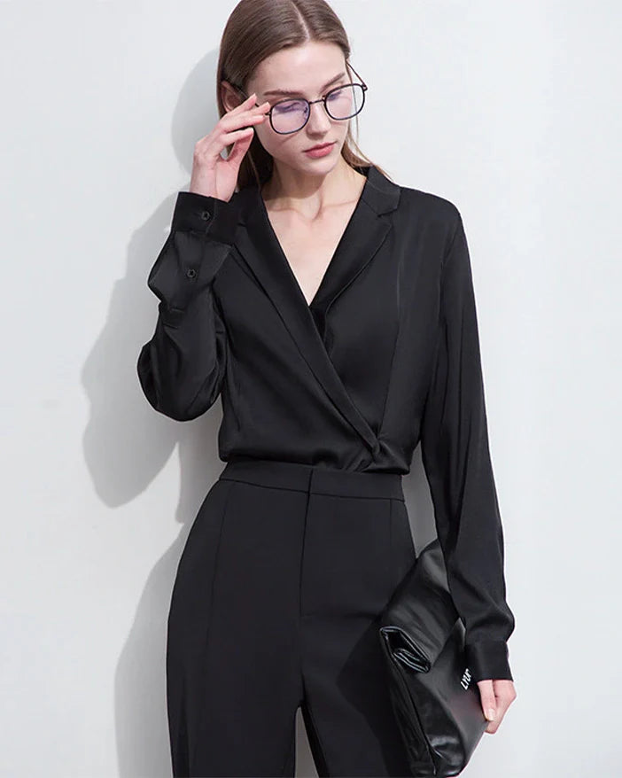 Minimalist Silk V Neck Long Sleeve Blouse