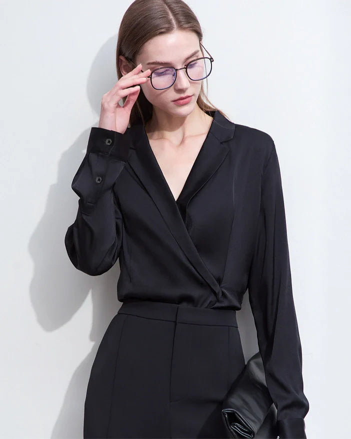 Minimalist Silk V Neck Long Sleeve Blouse