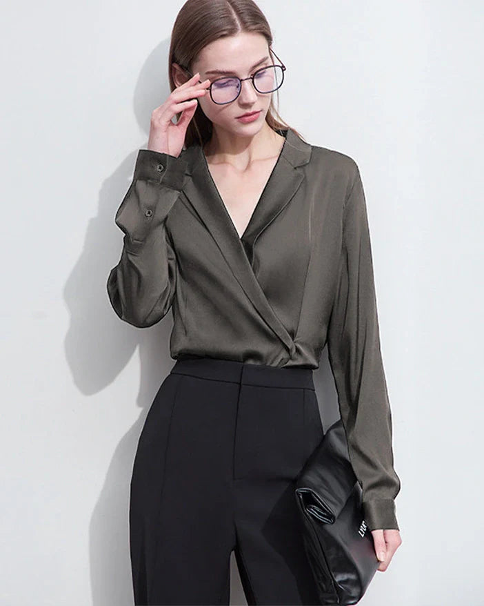 Minimalist Silk V Neck Long Sleeve Blouse