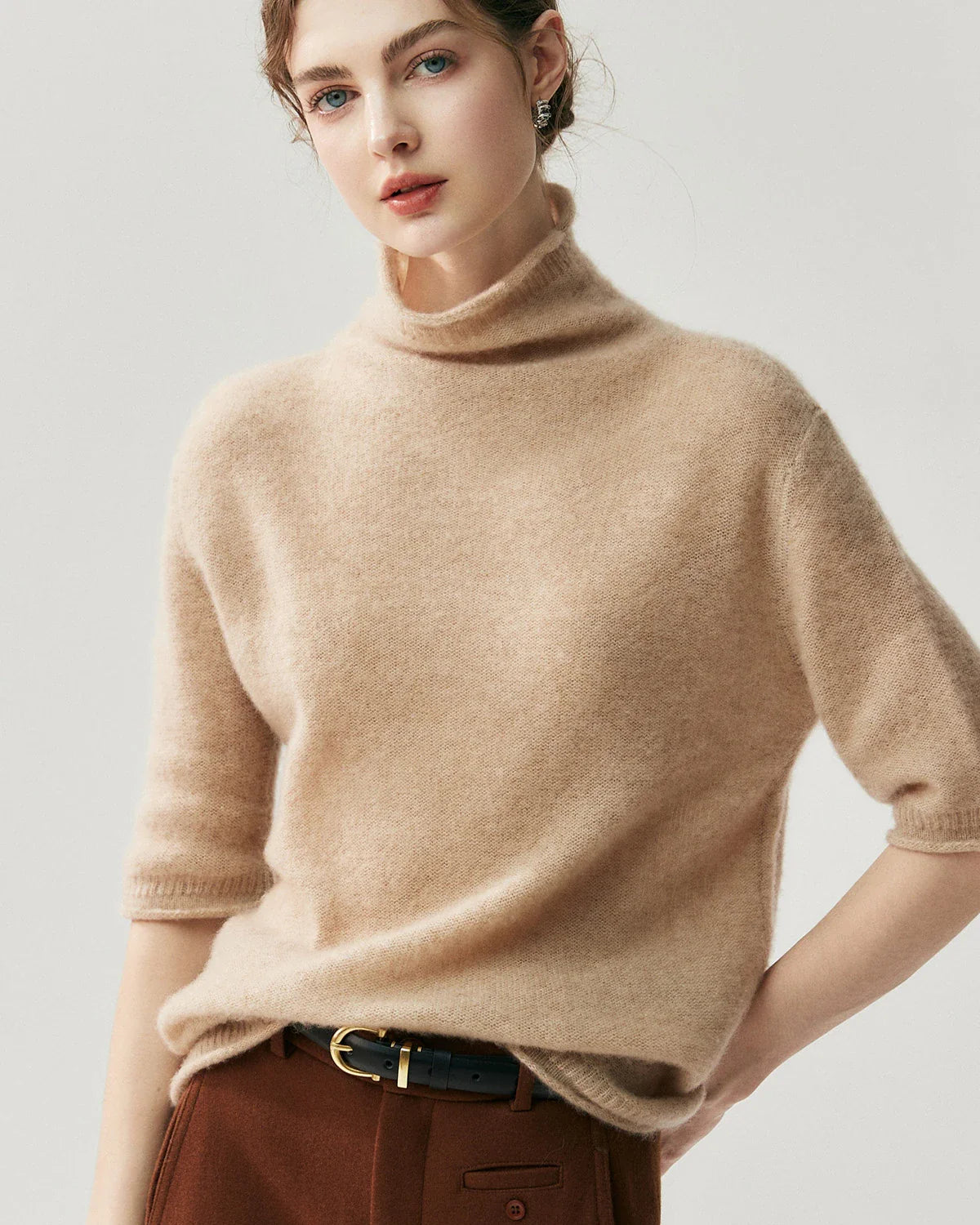 Silk-Cashmere Short Sleeve Turtleneck Sweater