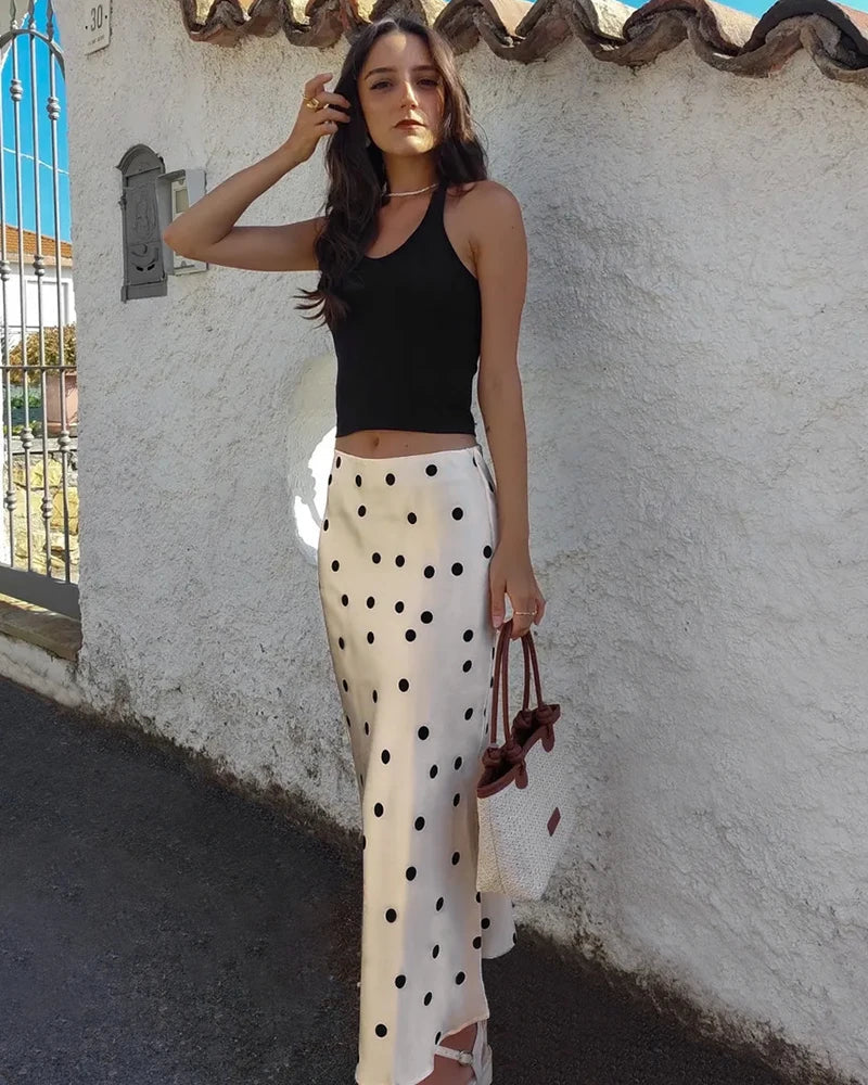 Polka Dot Silk Midi Skirt