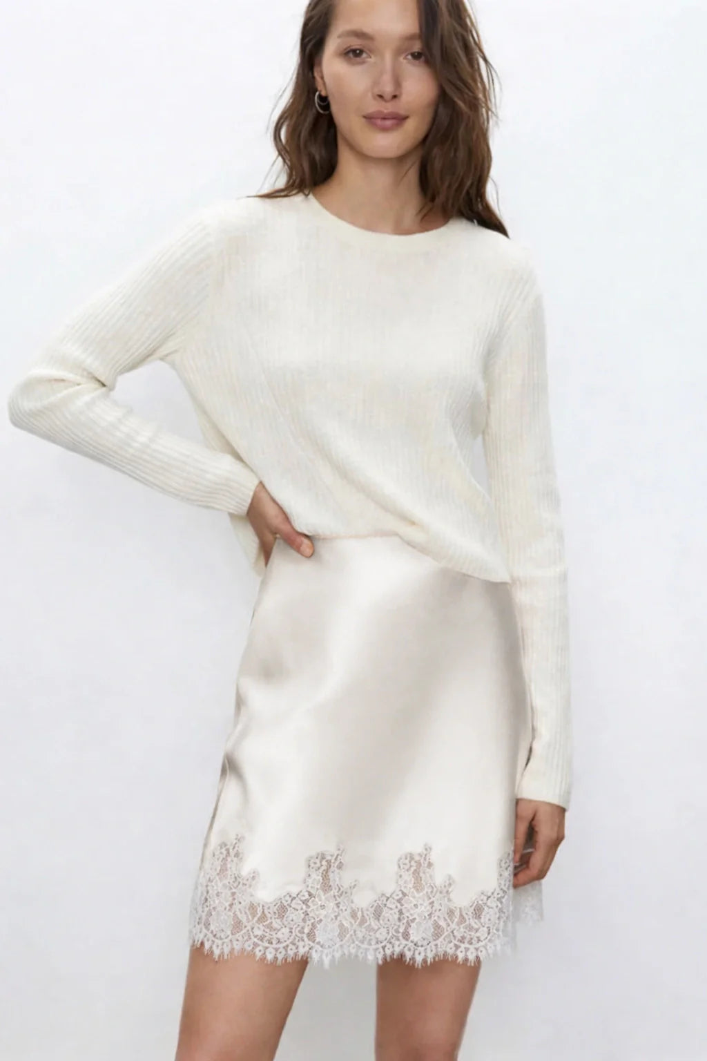 Bias Silk Slip Mini Skirt with Lace Trim