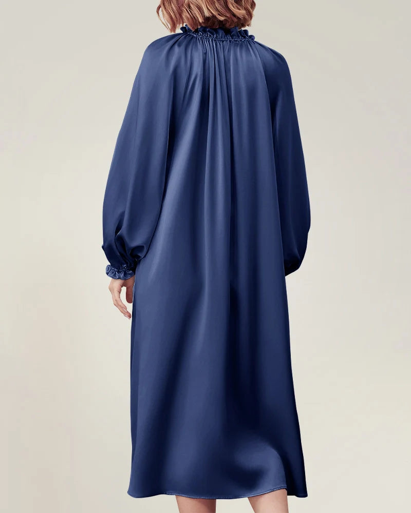 Silk Long Sleeve Nightgown with Ruffle Trim