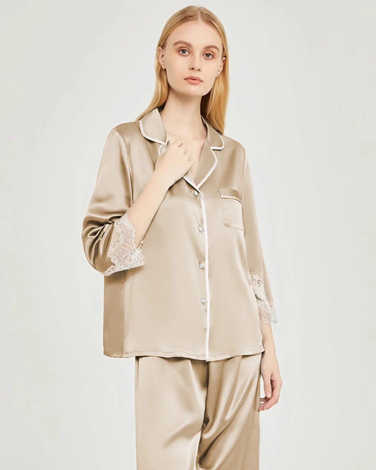 Silk Lace Trim Pajama Set for Women