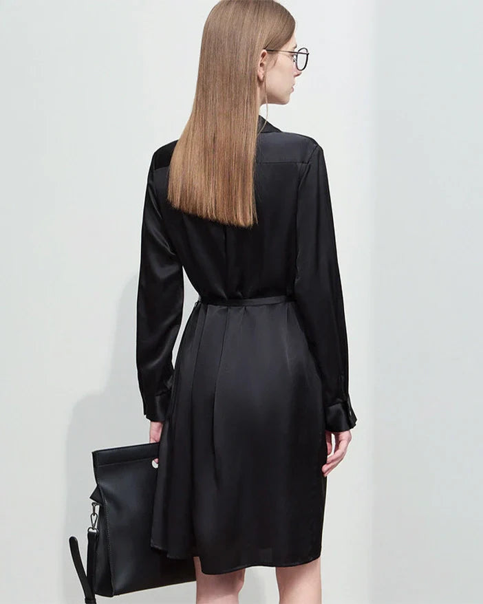 22 Momme Silk Belted Midi Dress Long Sleeve