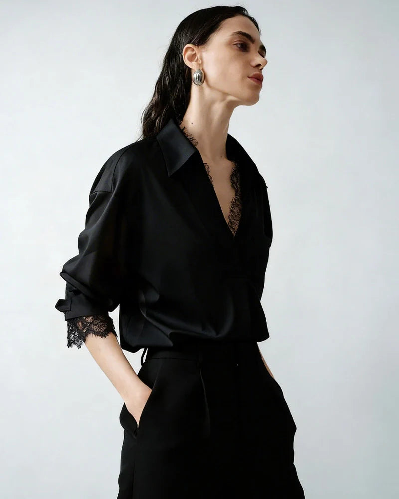 22 Momme Oversized Silk Lace Trim Shirt