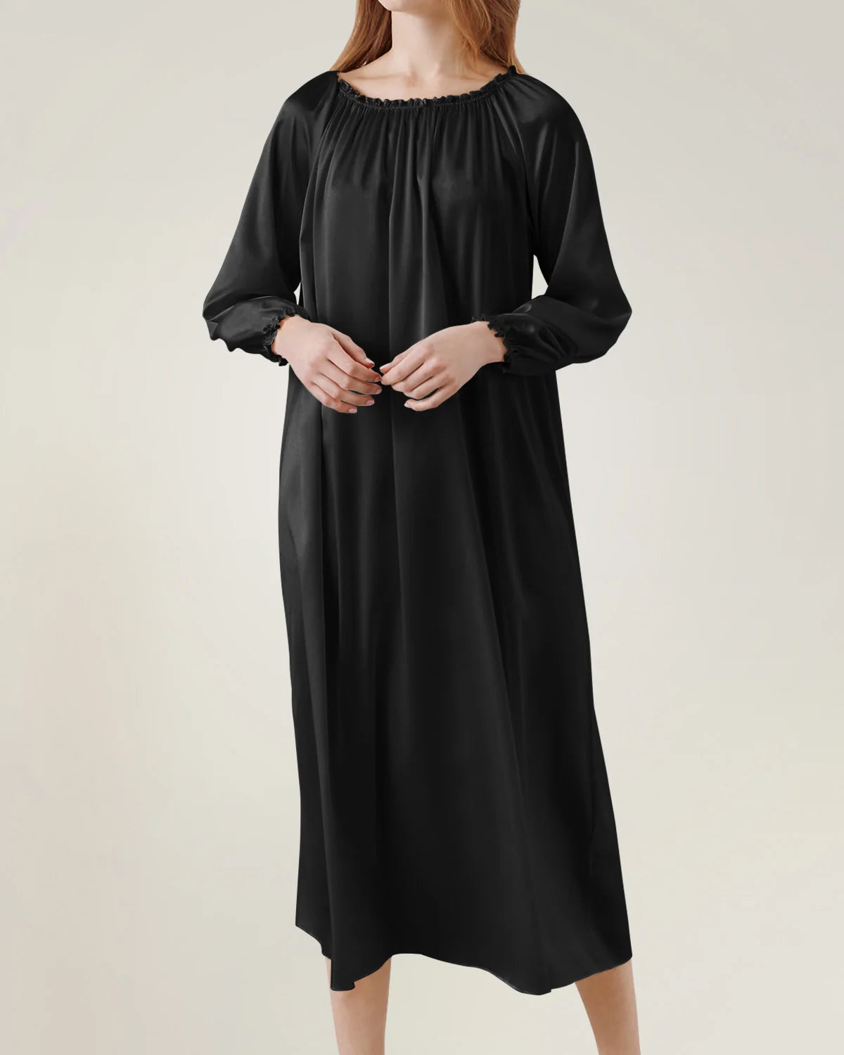 Silk Long Sleeve Nightgown with Ruched Detail