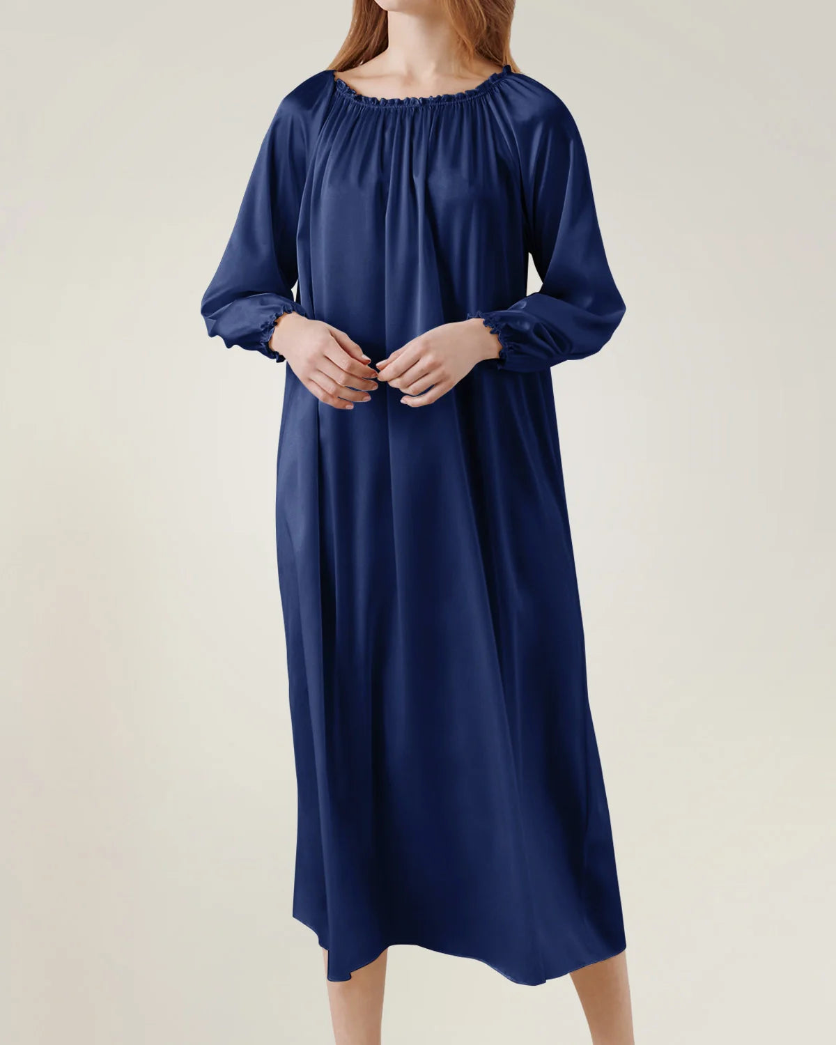 Silk Long Sleeve Nightgown with Ruched Detail