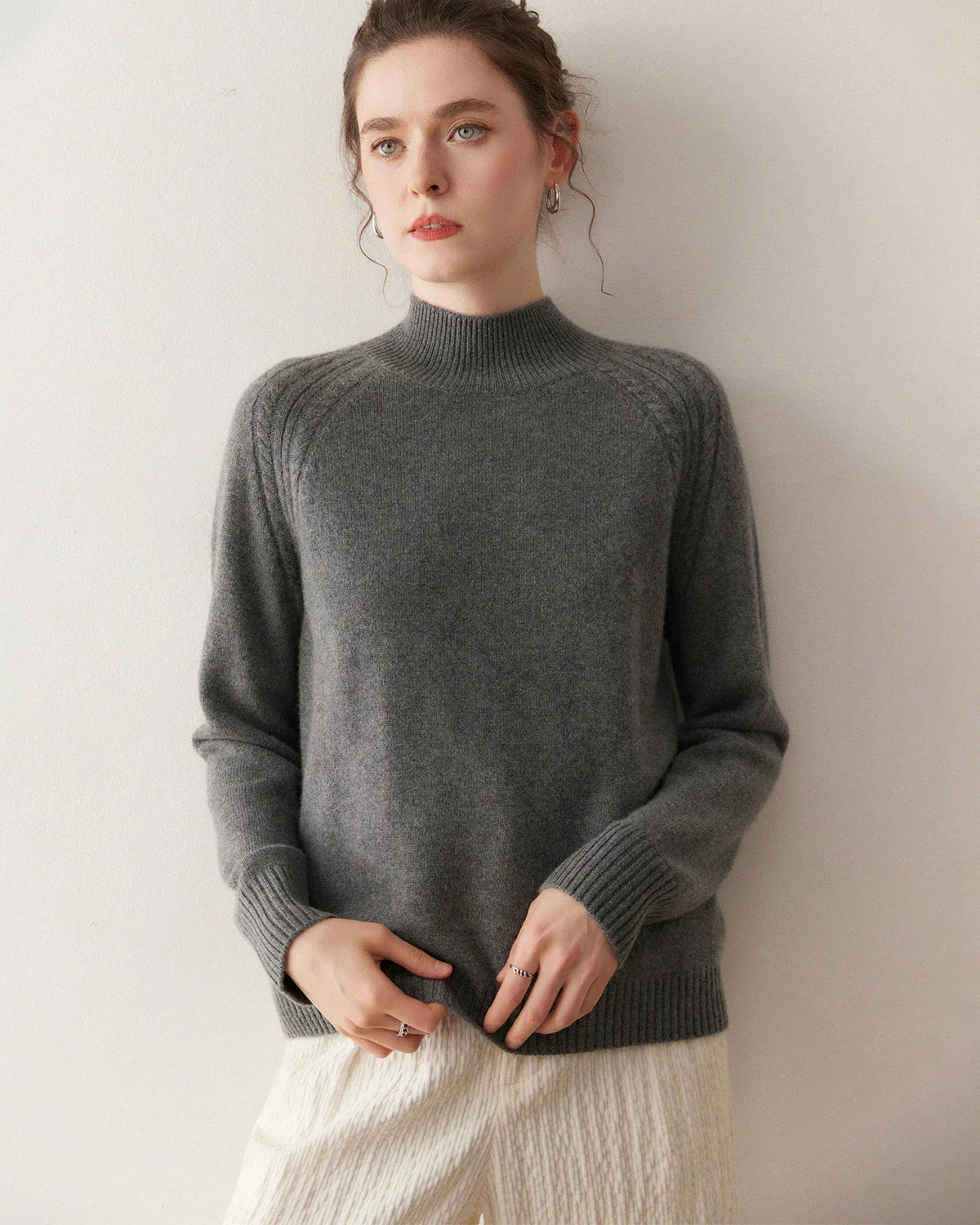 Mock Neck Cable Knit Cashmere Sweater