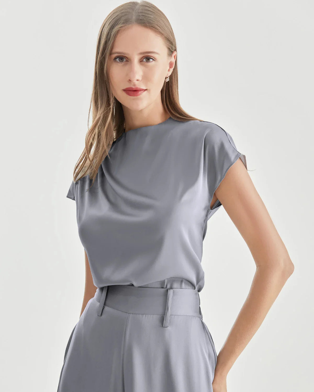 Stand Collar Cap Sleeve Silk Shirt