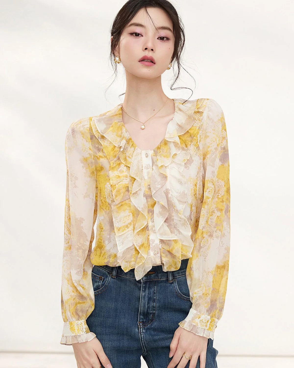 Yellow Silk Floral Ruffle Long Sleeve Blouse