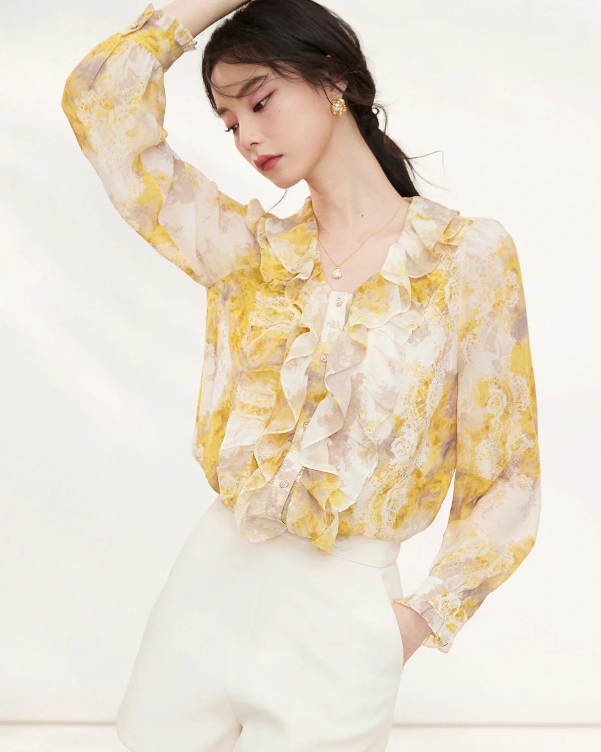 Yellow Silk Floral Ruffle Long Sleeve Blouse