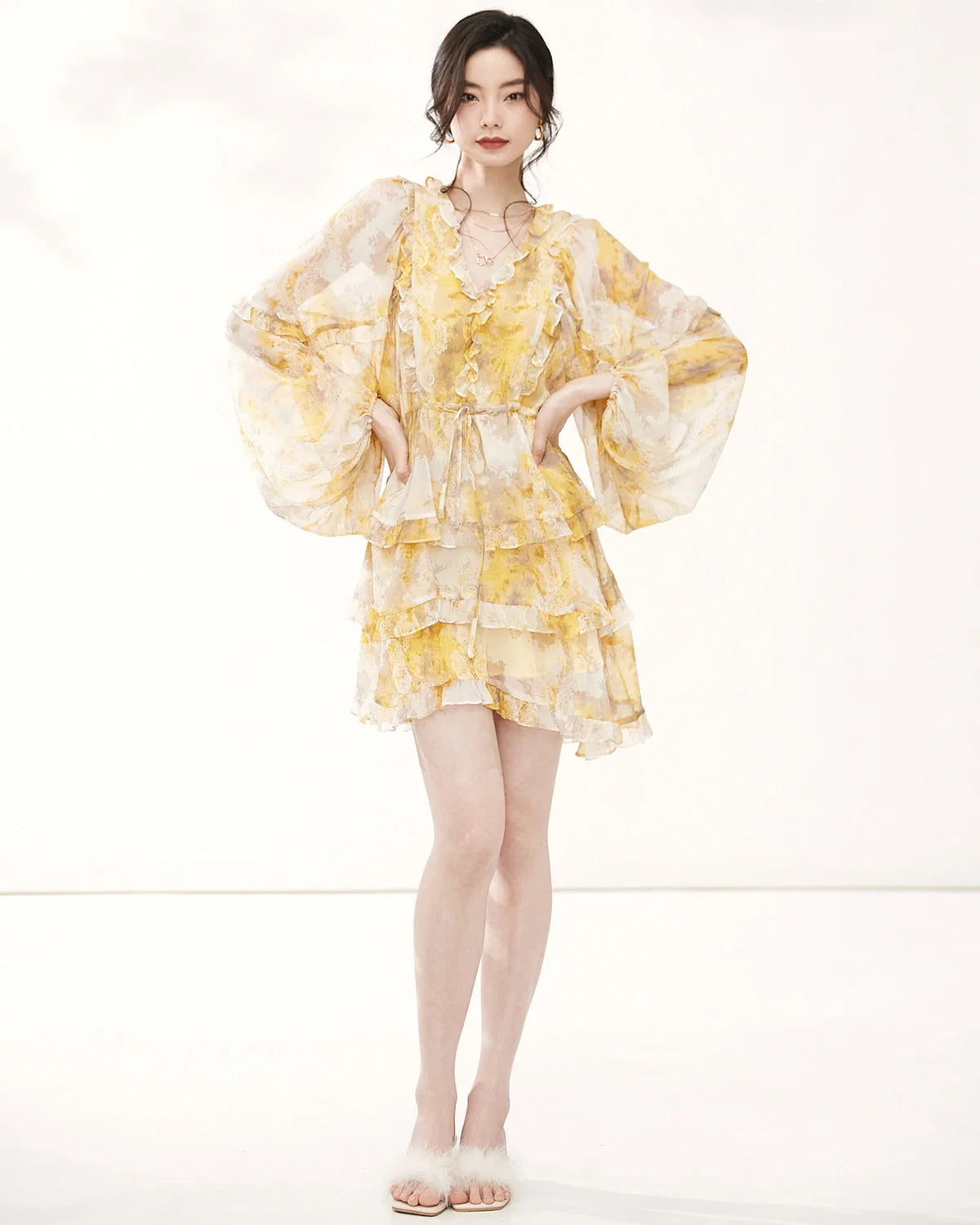 Long Sleeve Yellow Silk Mini Dress with Ruffles