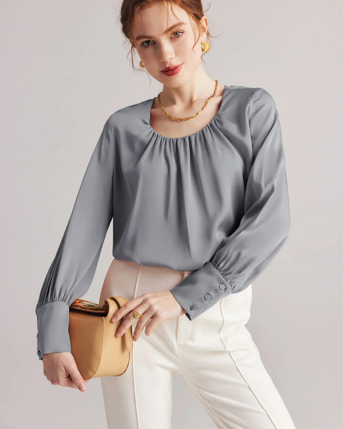 Pleated Round Neck Silk Blouse