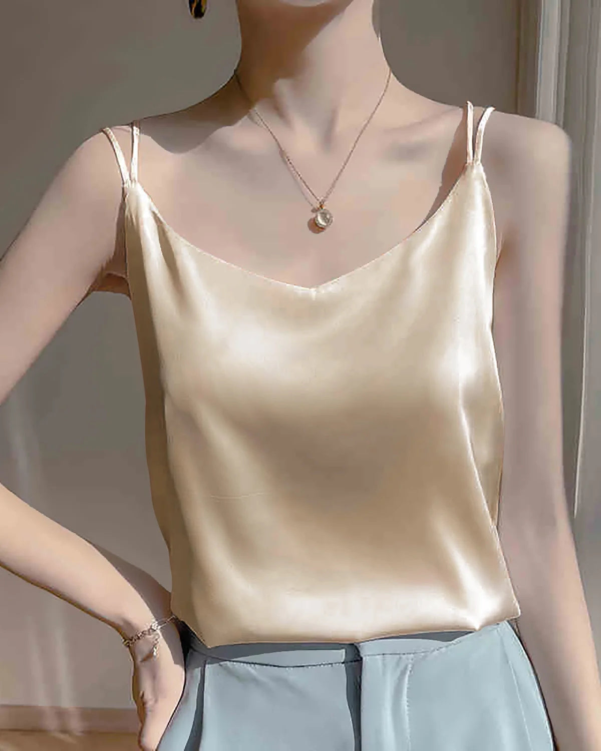 Spaghetti Strap Cross Back Silk Camisole