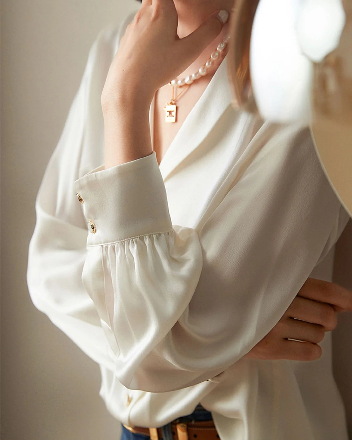 V-neck Lapel Collar Silk Blouse