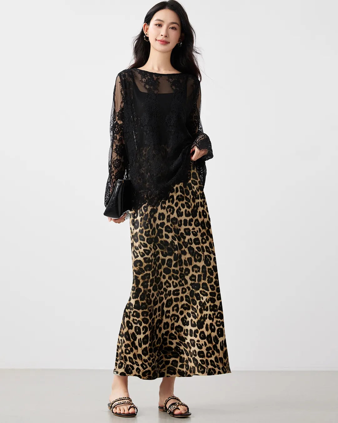 Classic Leopard Print Maxi Silk Skirt