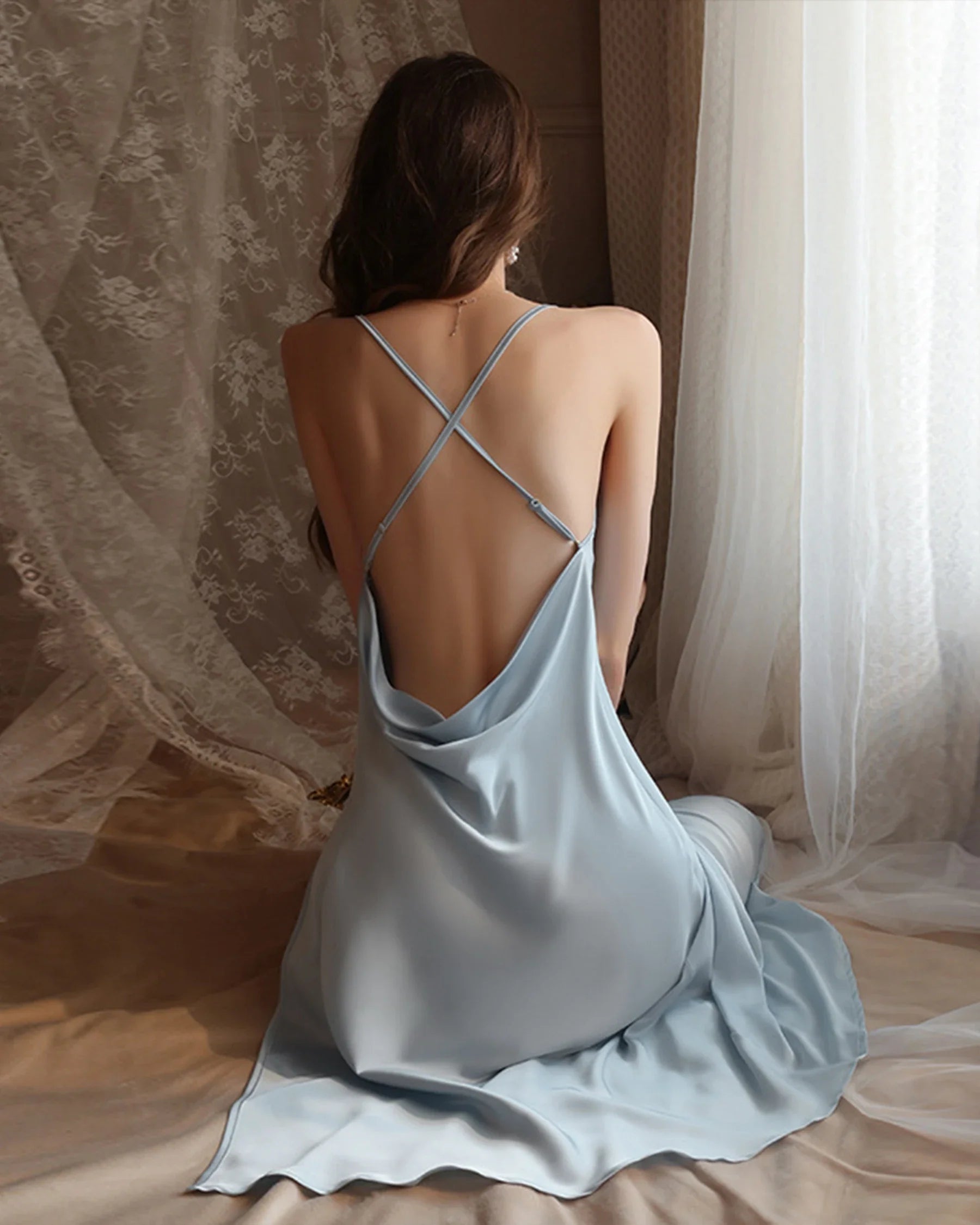 High Slit Backless Midi Silk Nightdress