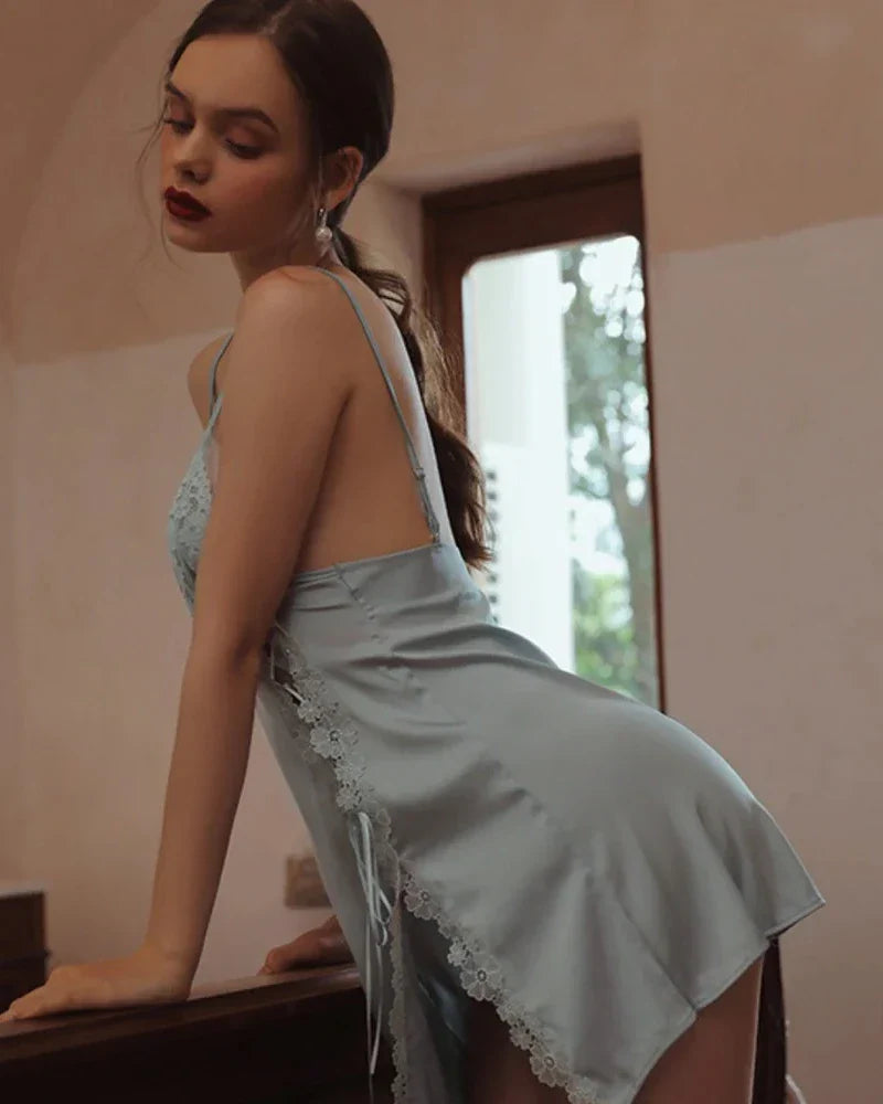 High Slit Lace Silk Nightdress