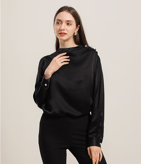 Mock Neck Silk Blouse with Pearl Button