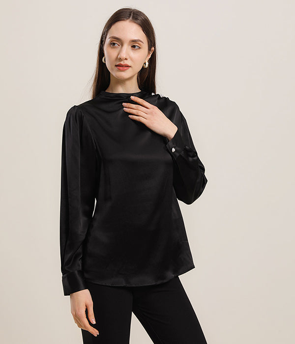 Mock Neck Silk Blouse with Pearl Button