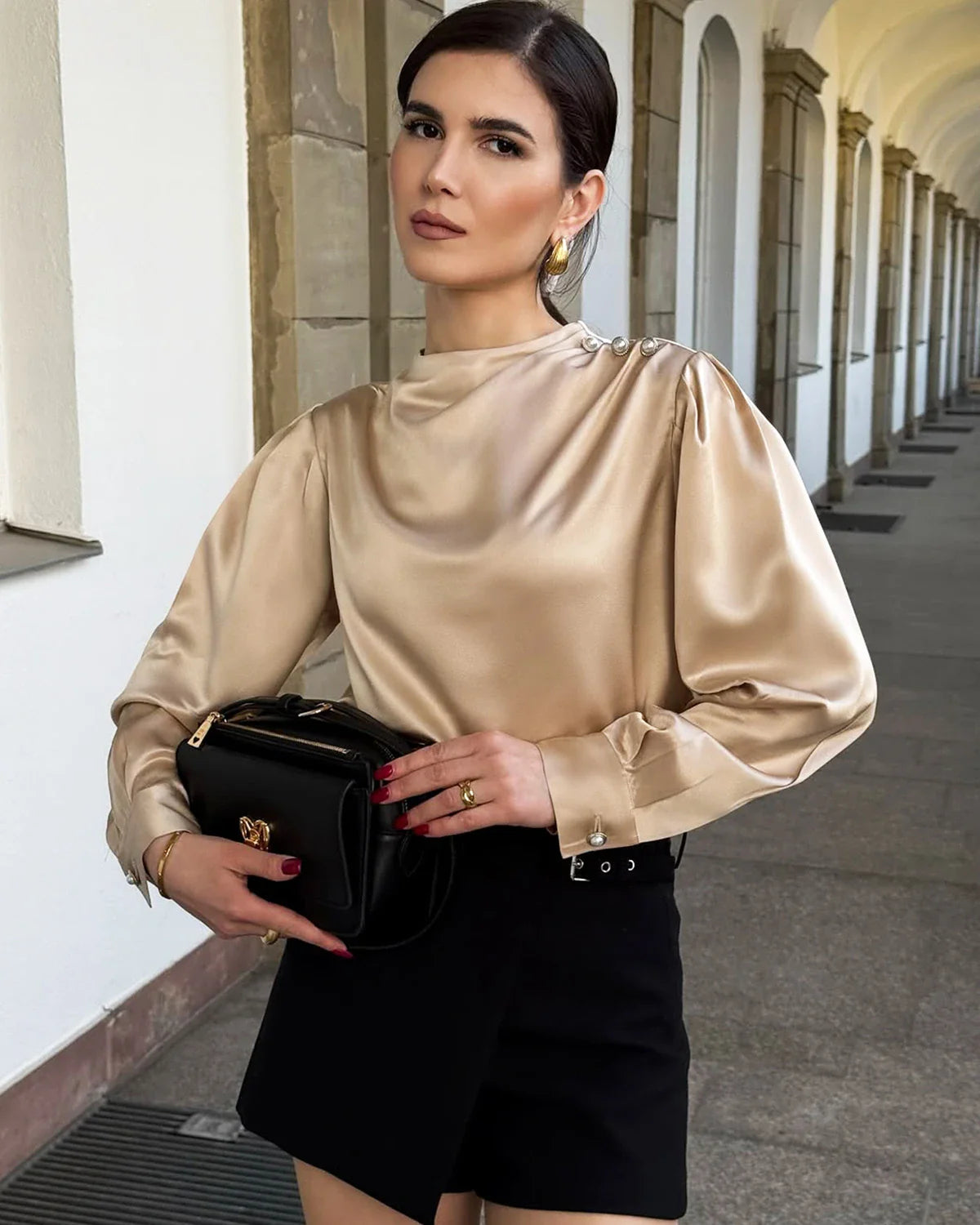 Mock Neck Silk Blouse with Pearl Button