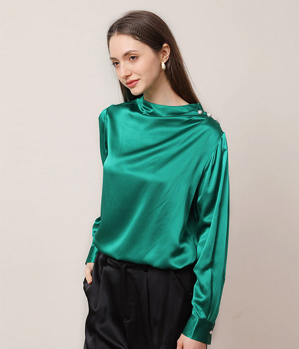 Mock Neck Silk Blouse with Pearl Button