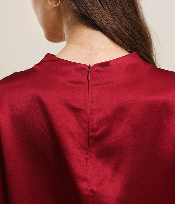 Mock Neck Silk Blouse with Pearl Button