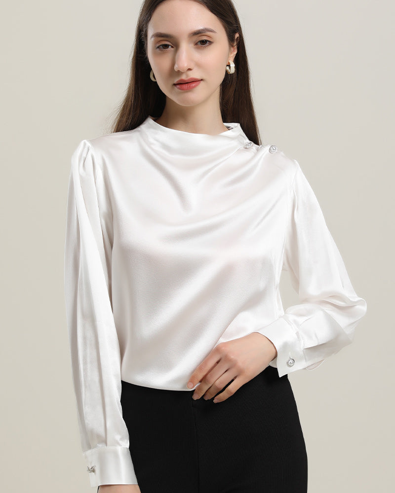 Mock Neck Silk Blouse with Pearl Button