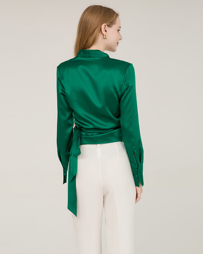 Elegant Fitted Silk Wrap Blouse