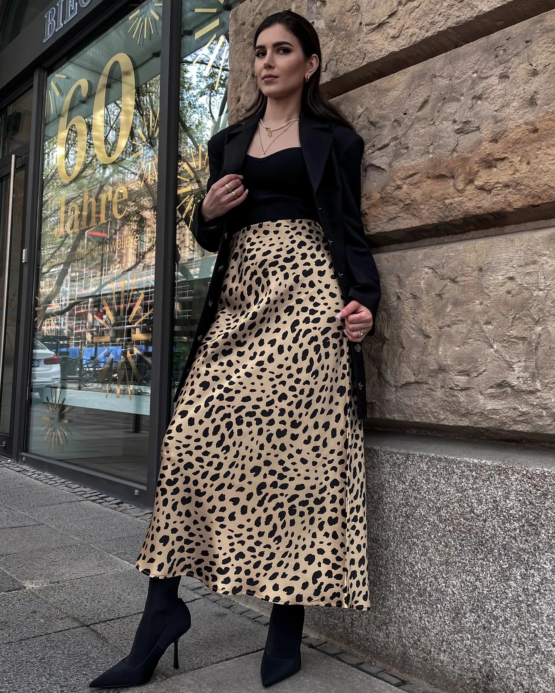 Silk Satin Bias Cut Long Leopard Print Skirt