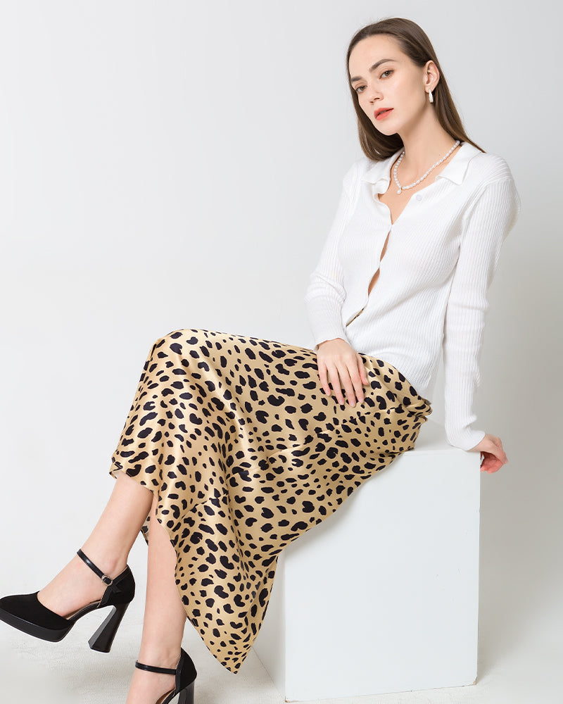 Silk Satin Bias Cut Long Leopard Print Skirt