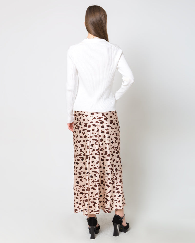 Silk Satin Bias Cut Long Leopard Print Skirt