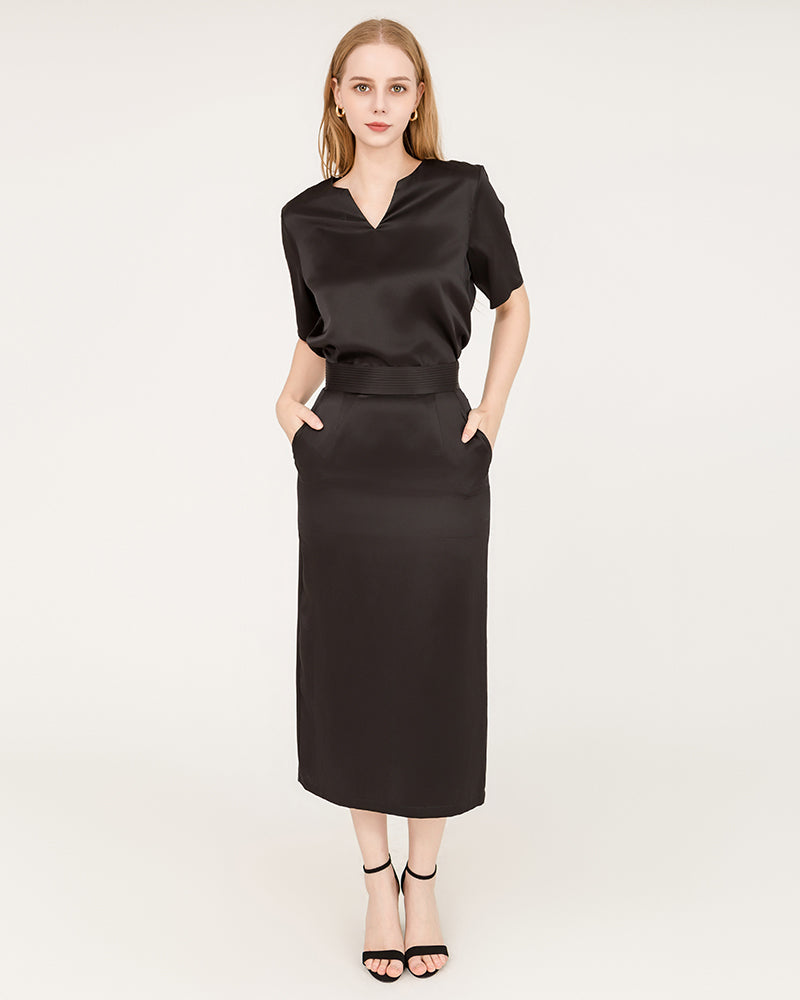 V-Neck Silk Blouse and Silk Midi Skirt Set