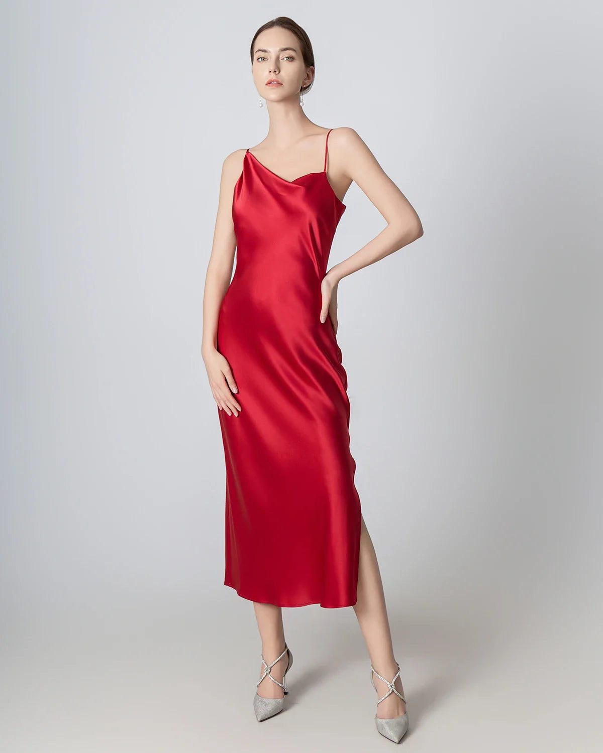Slit Cowl Neck Midi Cami Silk Dress