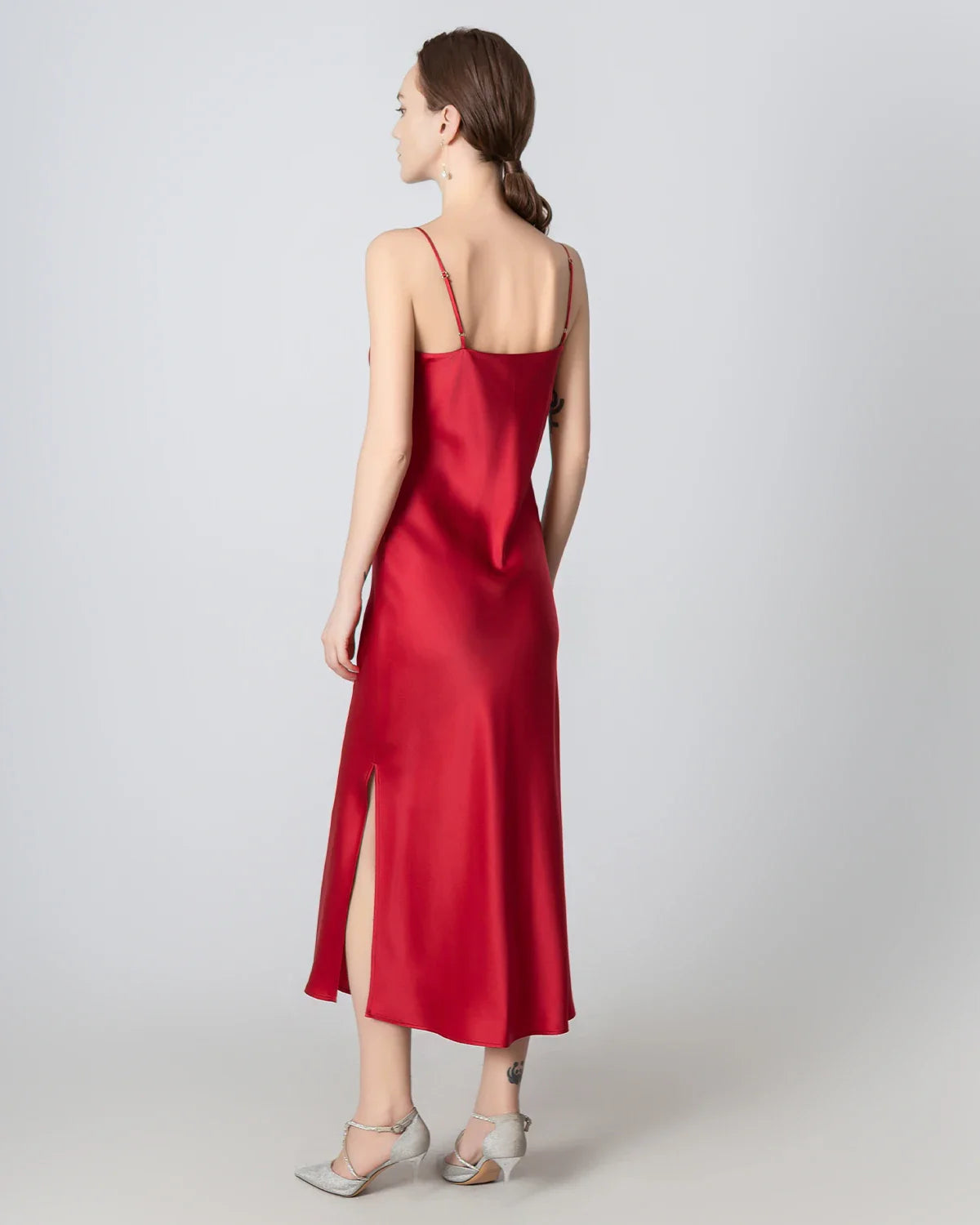 Slit Cowl Neck Midi Cami Silk Dress