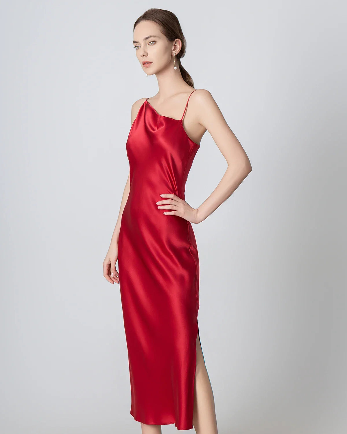 Slit Cowl Neck Midi Cami Silk Dress