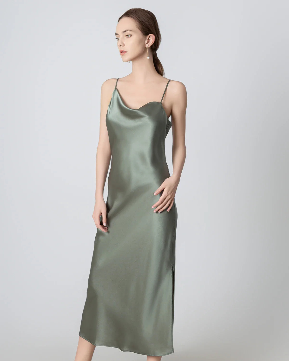 Slit Cowl Neck Midi Cami Silk Dress