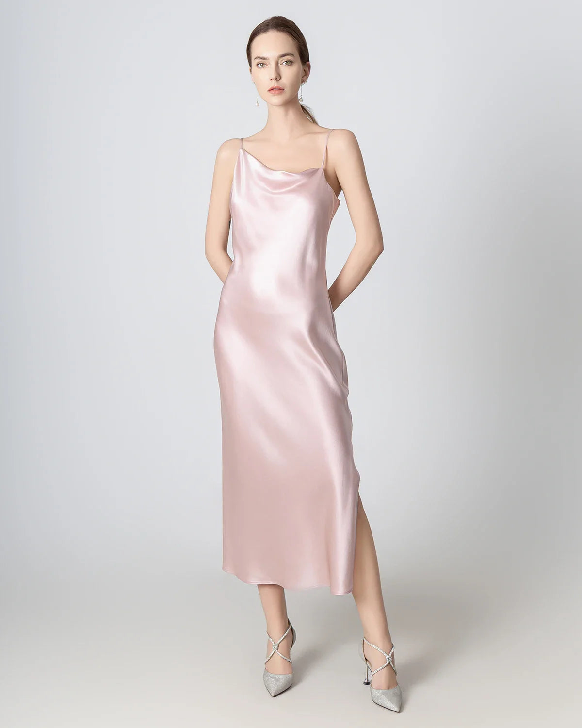 Slit Cowl Neck Midi Cami Silk Dress