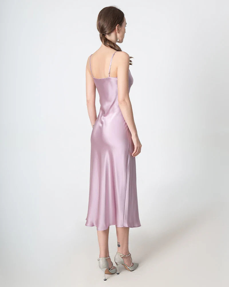 Slit Cowl Neck Midi Silk Dress