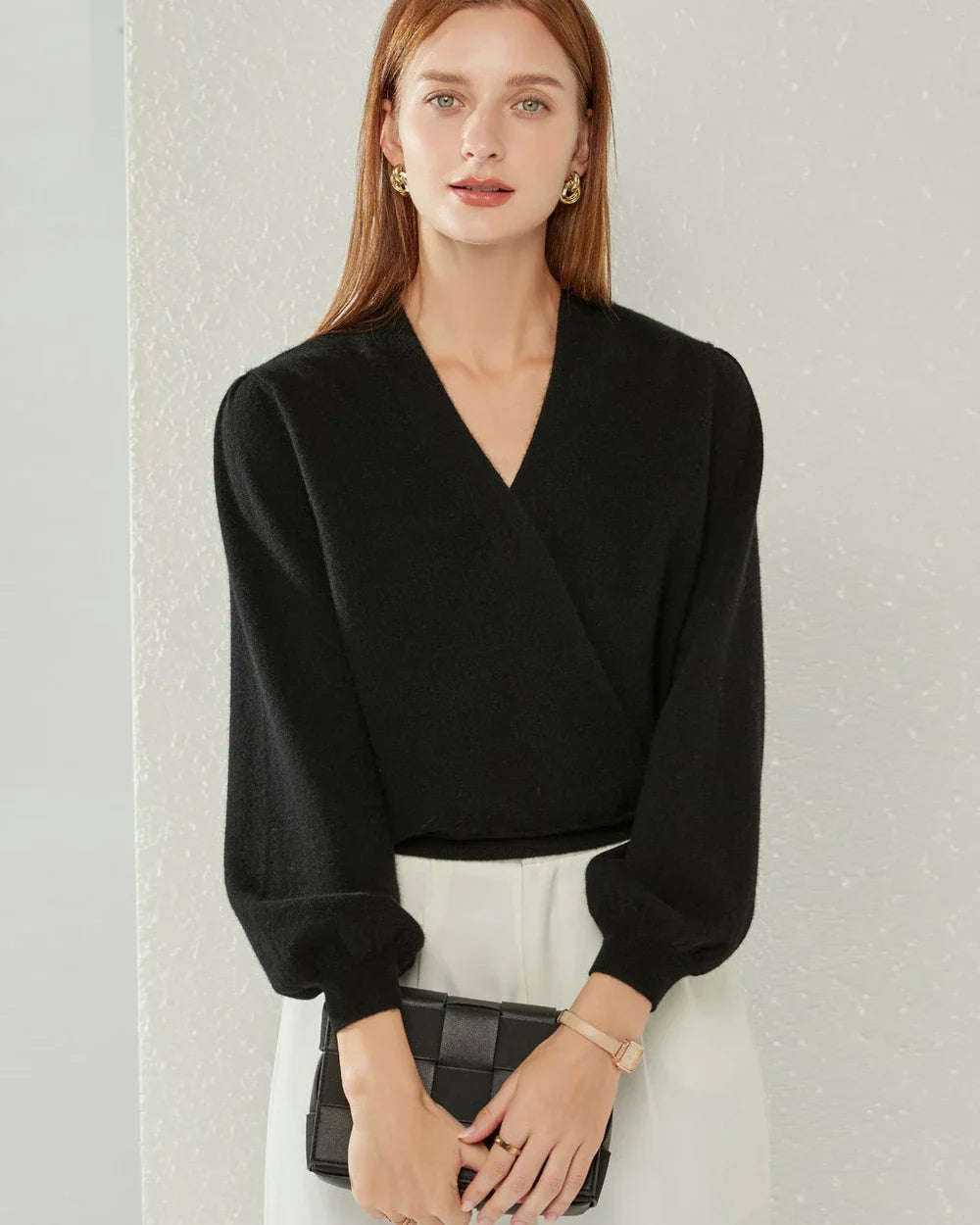 V-neck Lantern Sleeve Cashmere Sweater
